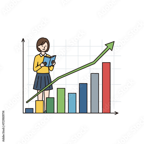 Business Growth Illustration Woman Analyzing Chart for Success in Data Driven Marketing and Financial Improvement