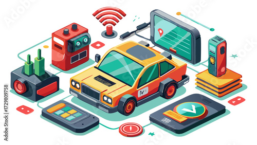 Stylized illustration of a smart car and related connected devices