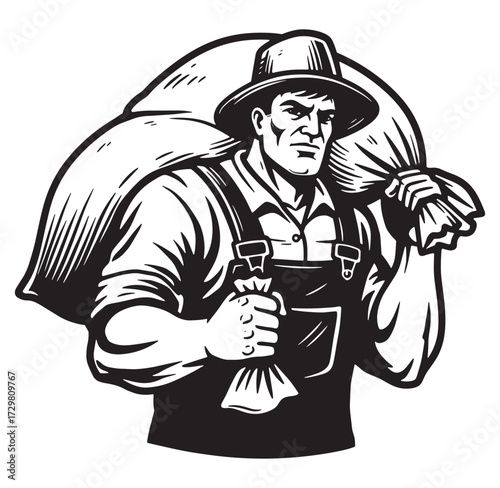 Strong farmer carrying a large sack depicted in classic black and white vector illustration