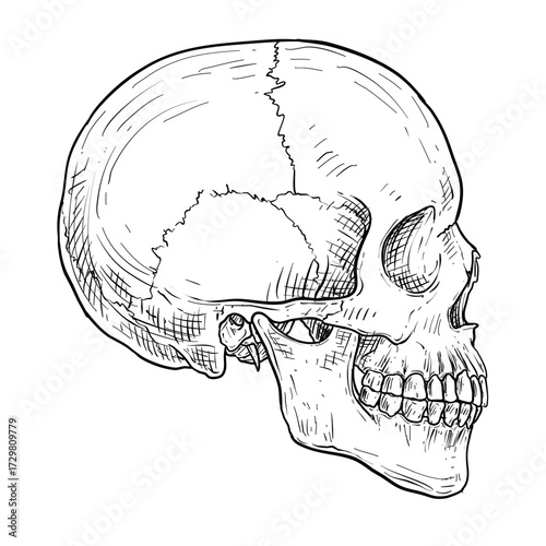 human skull side view vector line art hand drawn illustration