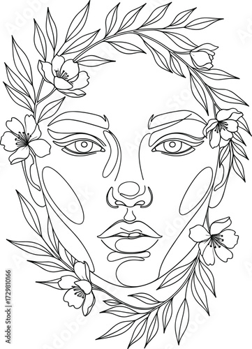 Wallpaper Mural Botanical face line art illustration with floral elements, elegant black and white sketch for fashion, beauty, decor, and design themes Torontodigital.ca