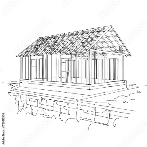 A detailed architectural line drawing illustrates the skeletal framework of a house under construction, showcasing the roof trusses and wall studs.