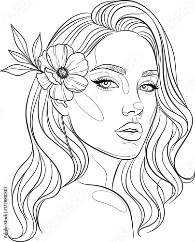 Elegant woman line art with floral hair accessory, beauty portrait illustration, black and white sketch for fashion and design themes