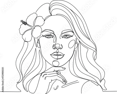 Continuous line woman portrait with hibiscus flower, elegant black and white sketch for fashion, beauty, decor, and design themes