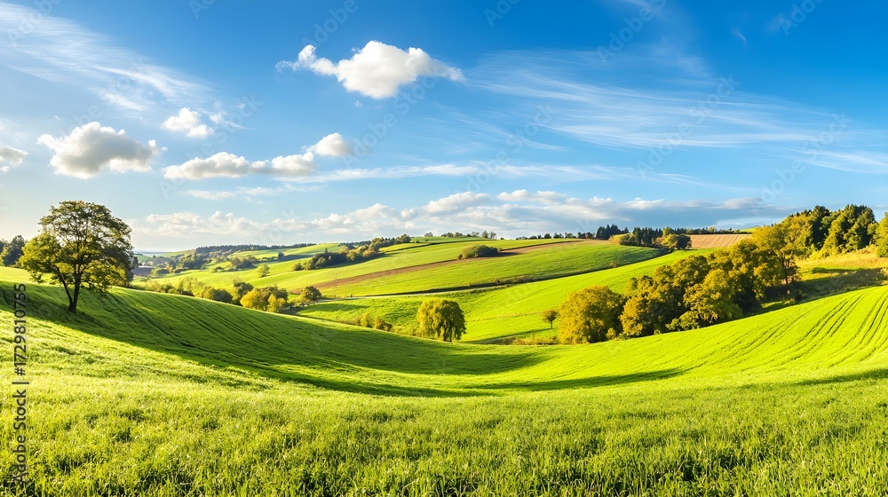 Fototapeta premium Sunny Rural Landscape Rolling Green Hills Lush Fields Blue Sky