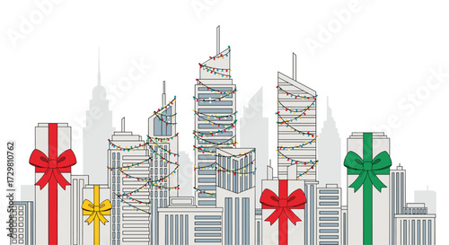Festive holiday cheer in the city with colorful lights and presents perfect for Christmas promotions and festive seasonal celebrations, Generative AI.