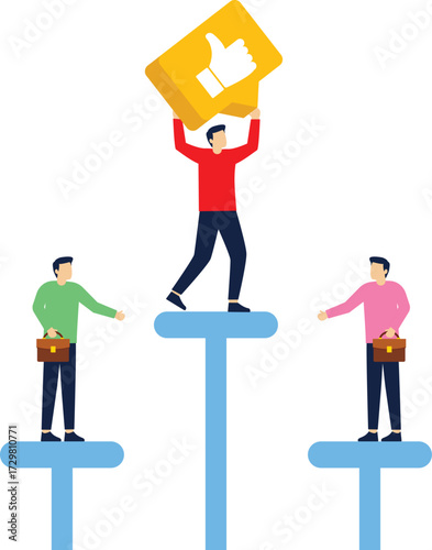 people in business suits stand on a pedestal and the winner in his hands has a golden sign of popularity, an isometric image


