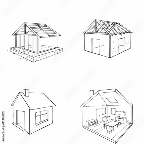Detailed line art illustrations depict the complete journey of home construction, from foundational elements and structural framing to a fully furnished interior.