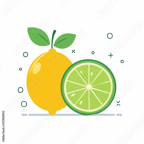 Illustration of Lemon and Lime Fruit Isolated on White Background with Green Leaves in Flat Design Style
