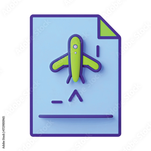 3D icon of an airplane taking off from a document, symbolizing travel plans or flight information.