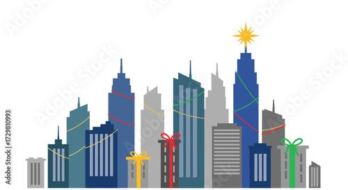 Festive city skyline decorated with holiday gifts and sparkling star on tallest skyscraper celebrating winter season cheer, Generative AI.