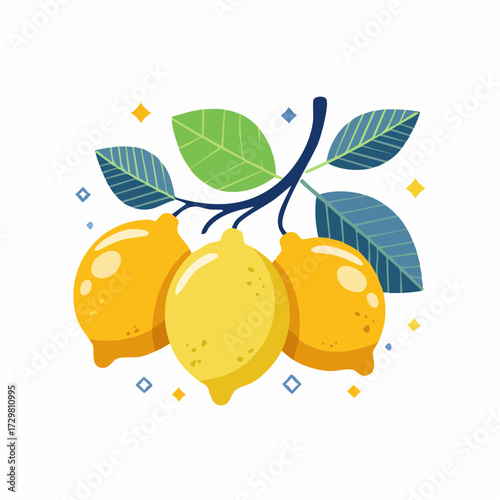 Illustration of Lemons on a Branch with Leaves Isolated on White Background