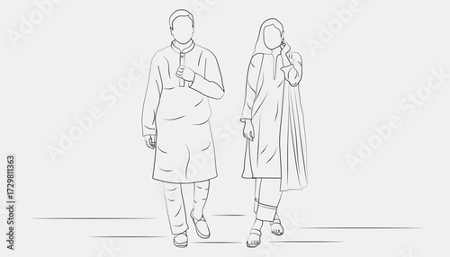 This is a minimalist, hand-drawn style vector illustration featuring an outline couple walking, featuring a man in Kurta-Pajama and a woman in Shalwar Kameez with Dupatta.