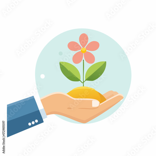 Hand Holding Plant with Pink Flower in Blue Circle Illustration for Growth and Sustainability