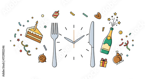 Festive celebration time with clock cake champagne and party elements perfect for birthdays holidays and special events, Generative AI.
