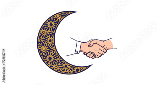 Elegant handshake with crescent moon symbol representing cultural understanding and agreement ideal for business partnerships, Generative AI.
