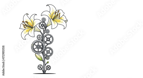 Intricate steampunk lily blooms powered by elegant clockwork gears symbolizing growth and mechanical innovation in a unique artistic fusion, Generative AI.