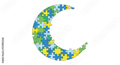 Vibrant crescent moon puzzle pieces assemble a cosmic dreamscape fostering connection and creative solutions for your projects, Generative AI.