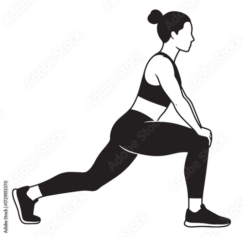 Woman performing a deep lunge exercise in black and white fitness vector illustration