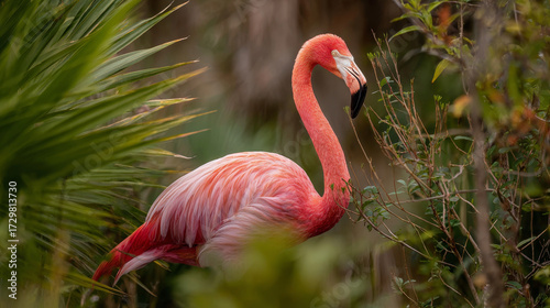 Captivating Flamingo Amidst Lush Greenery: A Breathtaking Encounter with Nature's Vibrant Wildlife