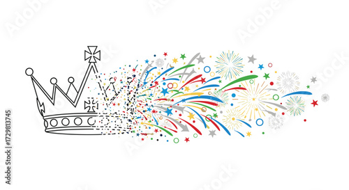 Celebrate success with this vibrant crown exploding into a burst of colorful fireworks and festive stars symbolizing achievement and joy, Generative AI.