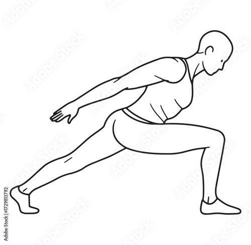 Woman performing exercise lunge pose illustrated in clean minimalist black line art style