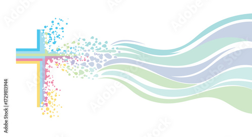 Elegant pastel cross dissolves into flowing waves symbolizing spiritual journey and new beginnings in serene design, Generative AI.