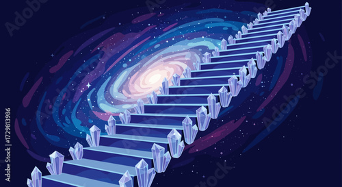 Long ascending blue staircase adorned with glowing faceted crystal railings, an ethereal path