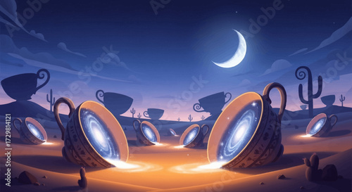 Ornate teacups spilling glowing galaxies in a surreal desert landscape under a crescent moon, pixel art.