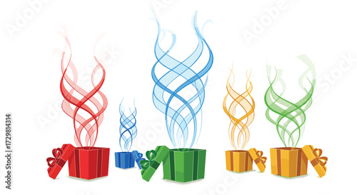 Colorful open gift boxes with ribbons releasing vibrant swirling energy perfect for celebrations and special occasions, Generative AI.