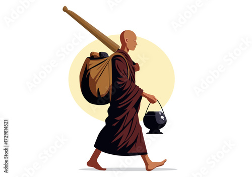 Flat illustration of a monk seeking Dharma by going on a pilgrimage.