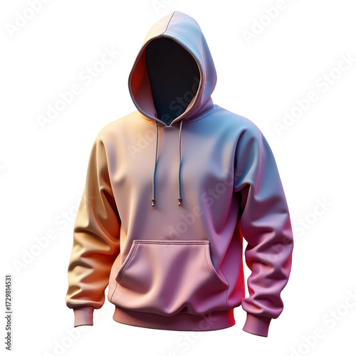 Comfortable hooded sweatshirt in a gradient of pastel colors, isolated against a dark background, showcasing a faceless figure, emphasizing the design and texture of the clothing item, creating a...