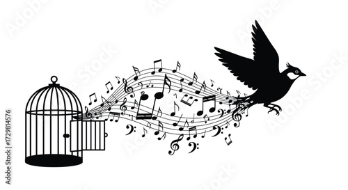 A bird's triumphant flight from a cage symbolizing freedom liberation and musical expression perfect for creative projects, Generative AI.