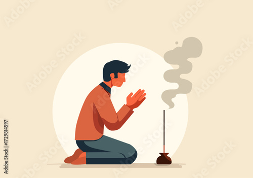 Flat illustration of a man praying with incense sticks.