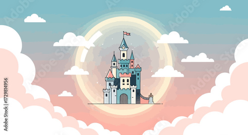 Whimsical fairytale castle with pastel-colored towers, a clock, and a red flag, illustrated in a flat cartoon style.