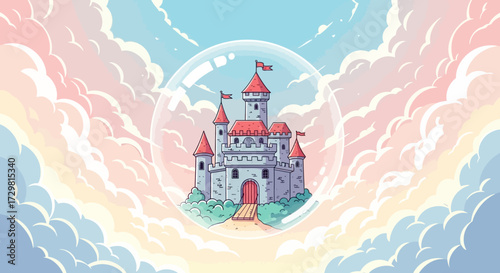 Cartoon Castle with Red Flags and Roofs in a Bubble, Surrounded by Greenery