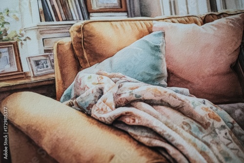 Cozy Armchair with Pastel Pillows and Floral Blanket, Warm Interior Scene.