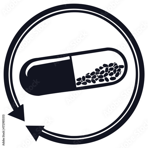 Medicine capsule with pellets in circular arrows icon for continuous treatment