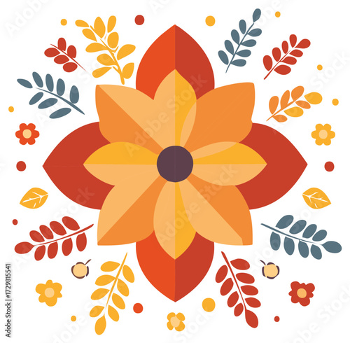 Vibrant autumn floral design with stylized orange yellow flower surrounding colorful leaves and berries vector illustration