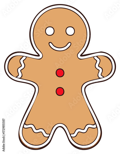 Gingerbread man, festive cookie, traditional dessert illustration with eyes, smile, and buttons.