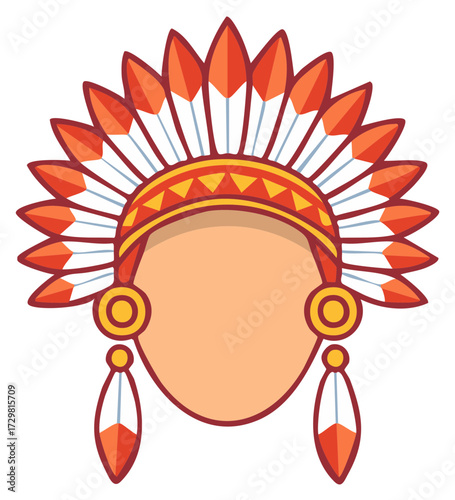 Stylized vector icon of a faceless Indigenous person wearing a traditional feather war bonnet headdress