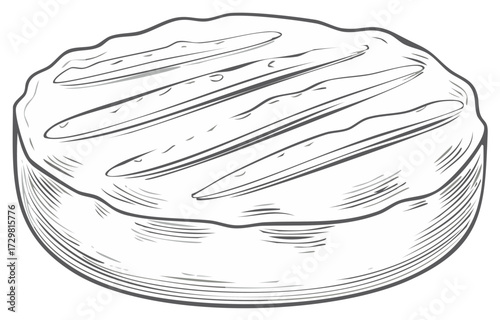 Engraved style round grilled food item with barbecue marks, monochrome line art drawing.