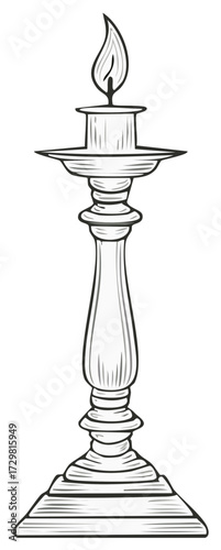Candle in a candlestick holder, illustration of a burning flame and decorative design