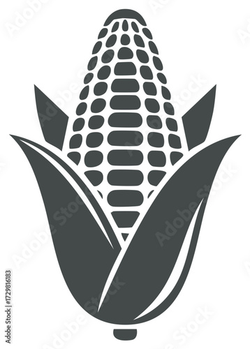 Stylized illustration of a single ear of corn with husks and kernels in a dark gray silhouette