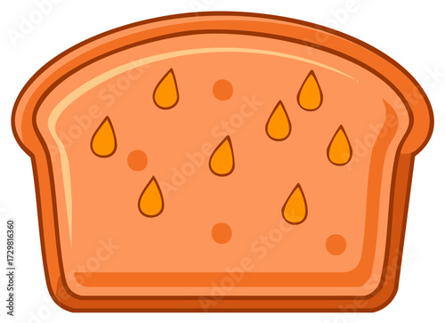 Cartoon illustration of a slice of bread with orange spots and stylized decorations.