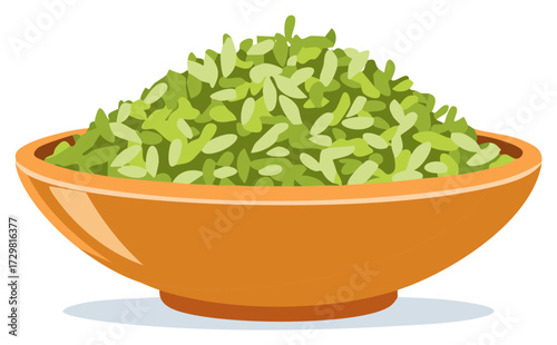 Illustration of puffed green rice dessert served in a round orange ceramic bowl