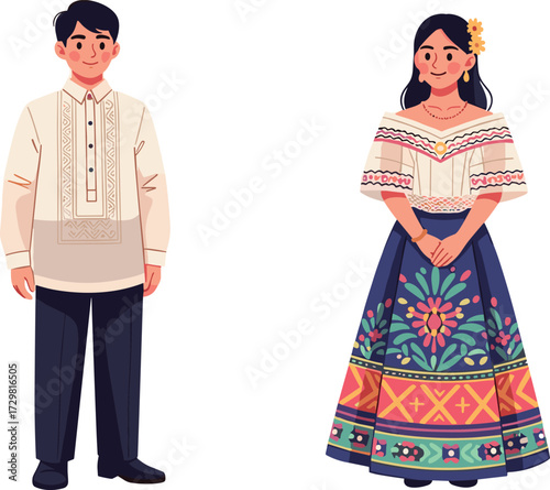 Traditional Filipino attire illustration featuring Barong Tagalog and Maria Clara dress, cultural heritage, ethnic fashion, vector art for design