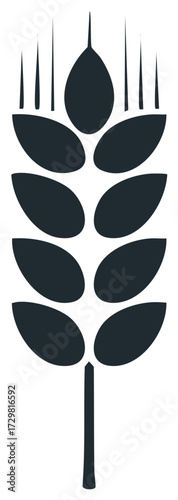 Stylized dark blue wheat stalk with symmetrical oval grains and sharp awns representing agriculture and harvest