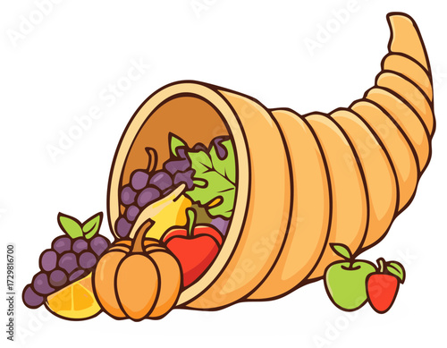 Cartoon Horn of Plenty with Fruits and Vegetables Symbol of Harvest and Thanksgiving