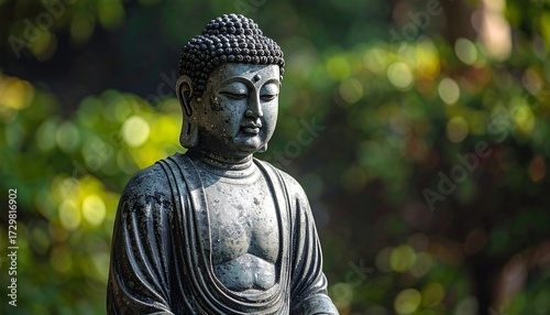 A serene, weathered statue of a seated figure, head bowed in peaceful meditation, against a soft-focused green backdrop